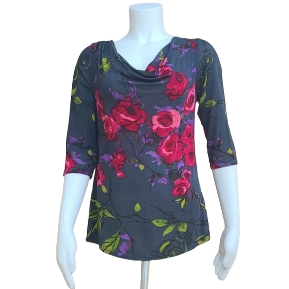 WESTON WEAR ANTHRO Cowl Neck Blouse S Top Shirt Watercolor Floral Gray Draped - Picture 2 of 13